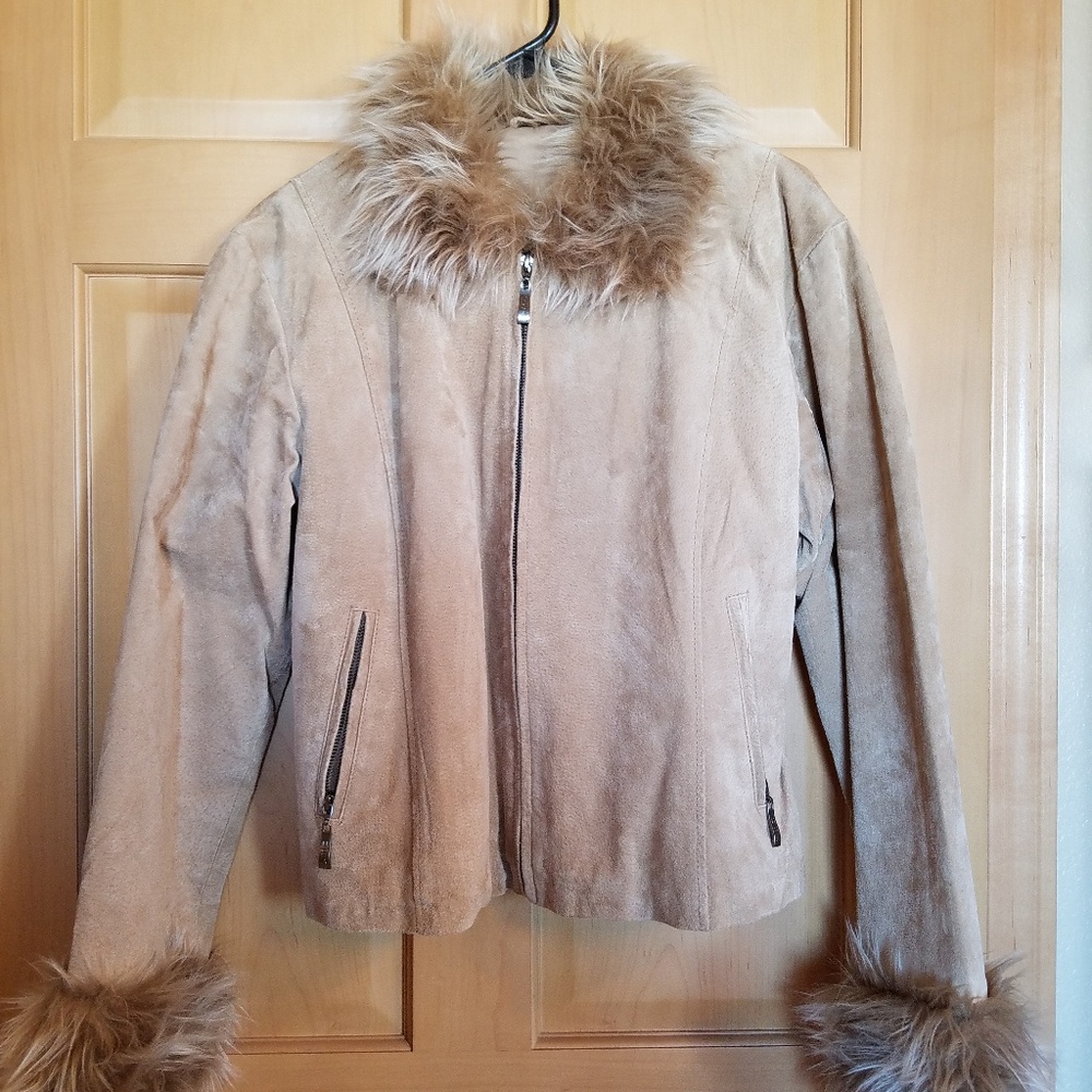 Ladies Suede Leather Jacket with Faux Fur Accents